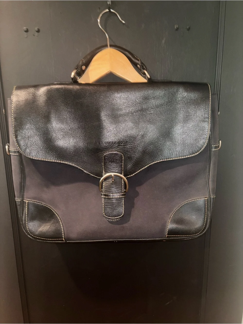 Kenneth Cole New York Black Leather Canvas Messenger Briefcase Bag Laptop
